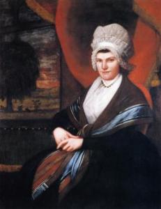 1798 portrait of Mrs. Dewey with high poufed cap and laced edges.