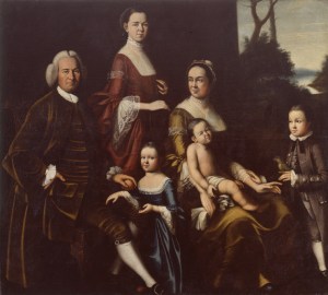 portrait of the Gordon Family by Henry Benbridge, 1862. Mrs. Gordon wears a round-eared cap.