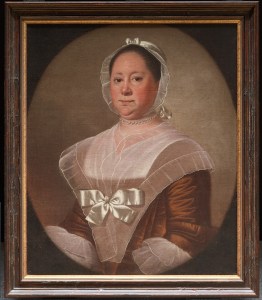 portrait of Mrs. Trusler in brown dress with large bow, and simple lappet. 