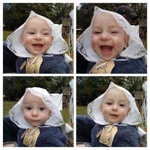 4-cut picture of baby in repro cap, laughing. 