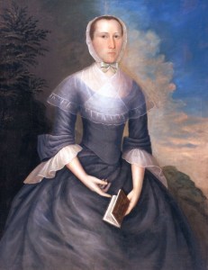 18th C portrait of a women wearing a lappet cap with a white bow under her chin.