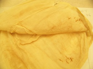 Close up of cap folded back to see the inside. 18th C lappet cap. 