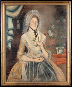 Portrait painted by Reuben Moulthorp of woman in colorful gown with cap of layers of lace piled hig.